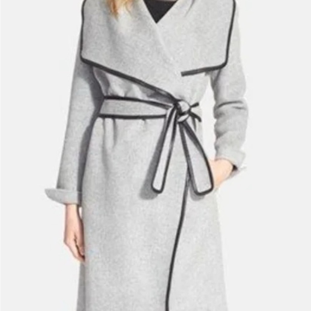 Vince Gray Wool Wrap Coat with Black Trim